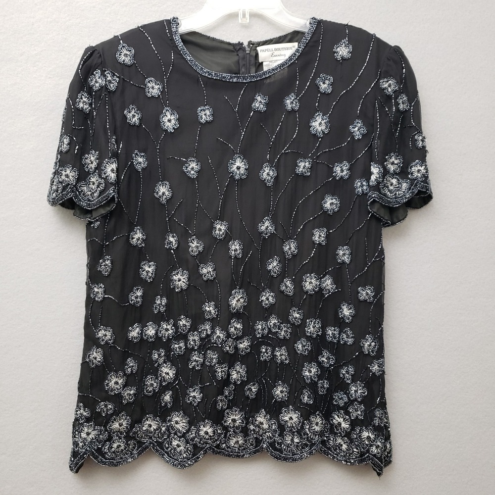 Papell Boutique Womens XL Blouse Black Silver Silk Beaded Floral Evening Top